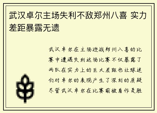 武汉卓尔主场失利不敌郑州八喜 实力差距暴露无遗