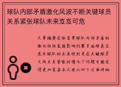 球队内部矛盾激化风波不断关键球员关系紧张球队未来岌岌可危