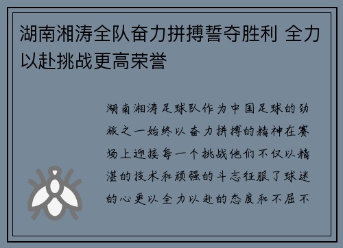湖南湘涛全队奋力拼搏誓夺胜利 全力以赴挑战更高荣誉
