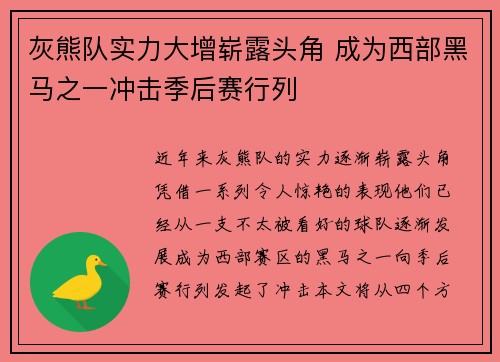 灰熊队实力大增崭露头角 成为西部黑马之一冲击季后赛行列