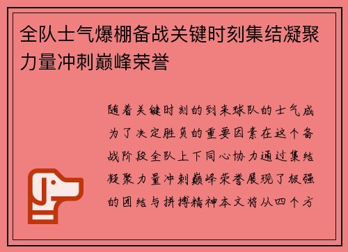 全队士气爆棚备战关键时刻集结凝聚力量冲刺巅峰荣誉